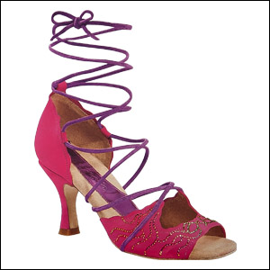 Crystal Mia Style #: BR145R. 2.5 Inch Flared Heel. Suede Lacing. Nubuck. Self Lining. Natural Edges. Swarovski Elements. Includes 1 Set of heel covers & shoe bag. <br /> <br />
Black: Cosmojet / Jet Nut Phoenix Crystal Pattern <br />
Fuschia: Volcano / Padparadscha Phoenix Crystal Pattern